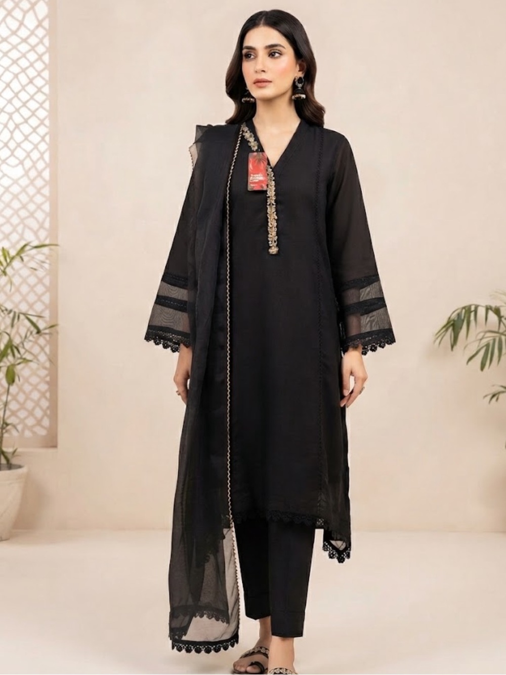 Amna Khadija Pret Black 3-Piece Embroidered Kurta Set Size L NWT